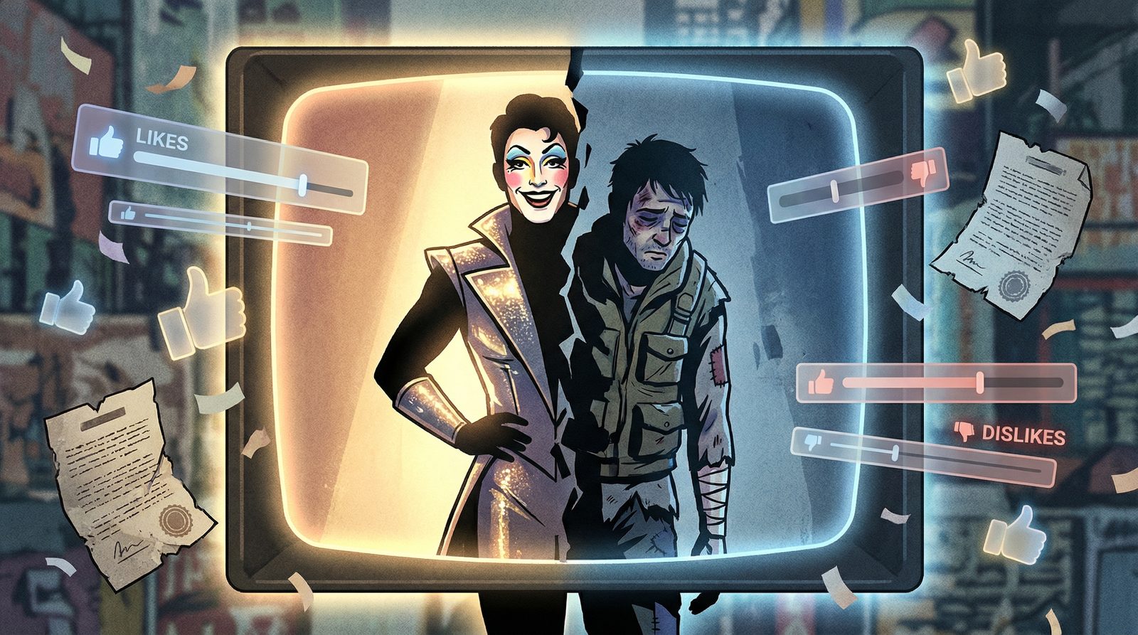 Editorial illustration inspired by 'Dystopian Game Shows'