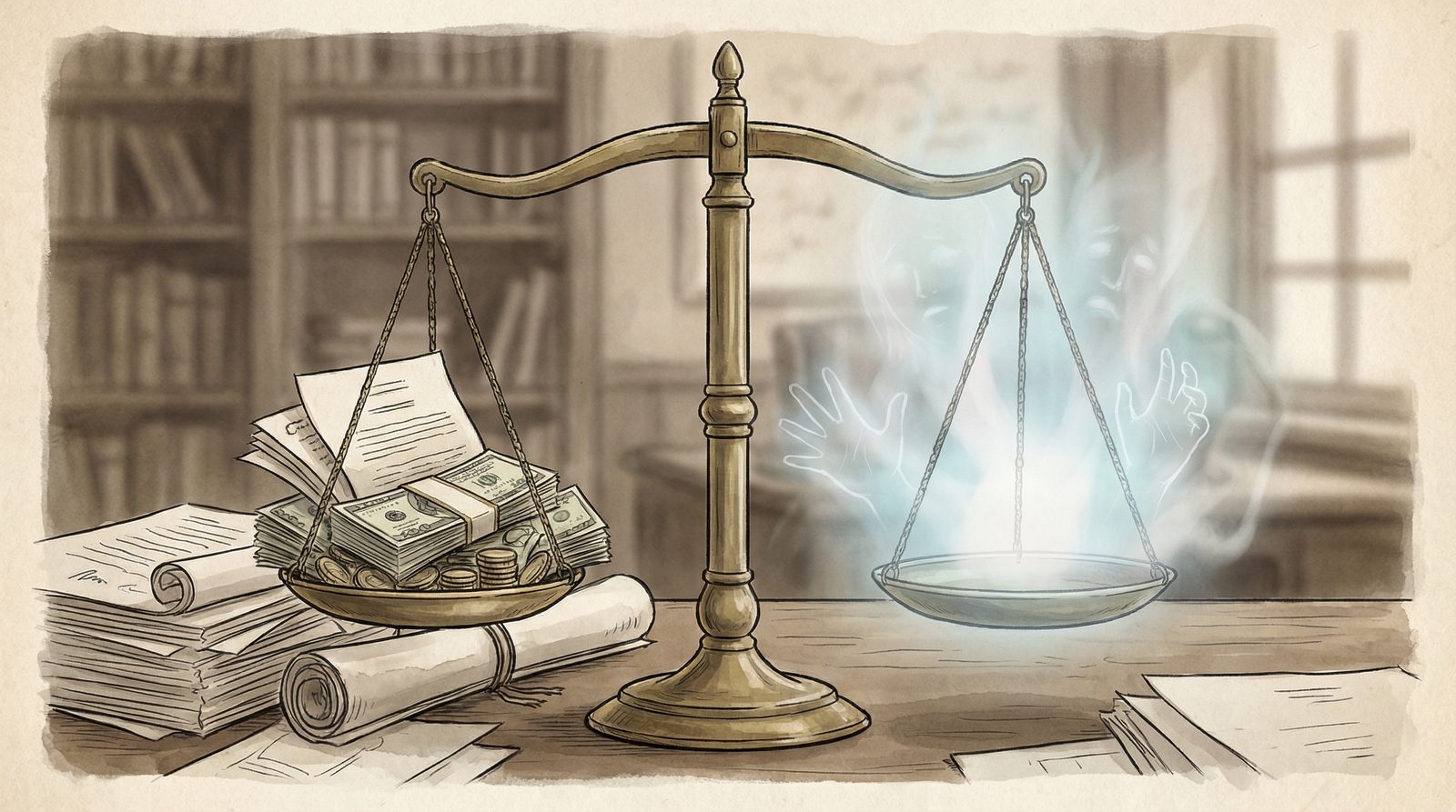 Editorial illustration inspired by 'Corrupt Justice And Supernatural Retribution'