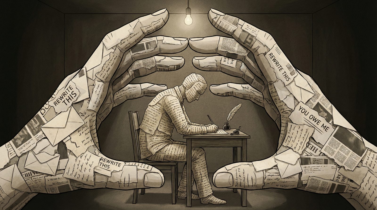 Editorial illustration inspired by 'Writer Held Captive'