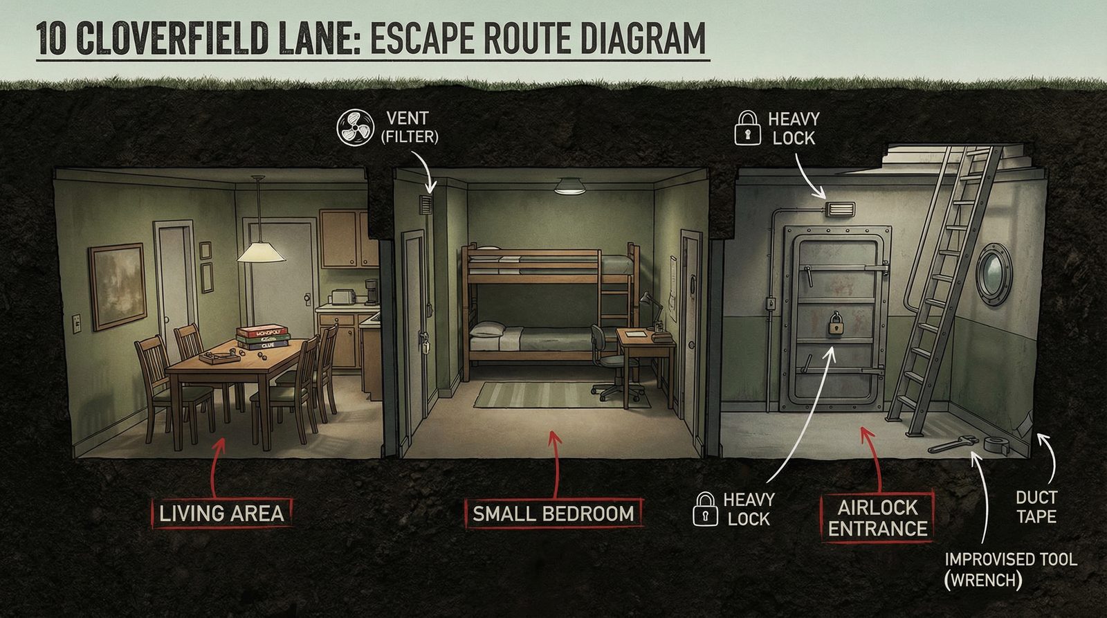 Editorial illustration inspired by '10 Cloverfield Lane (2016)'