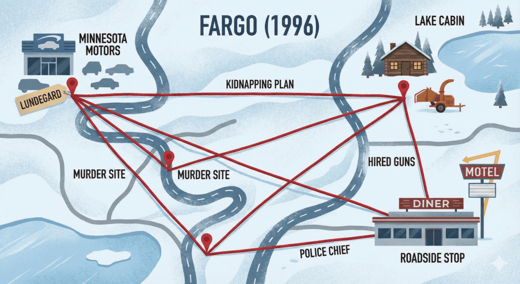 Diagram-style conceptual illustration of Fargo (1996) – snowfield crime map with red paths and icons