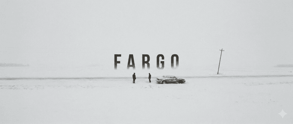Editorial illustration inspired by 'Fargo (1996)' – snow-covered highway and stalled cars