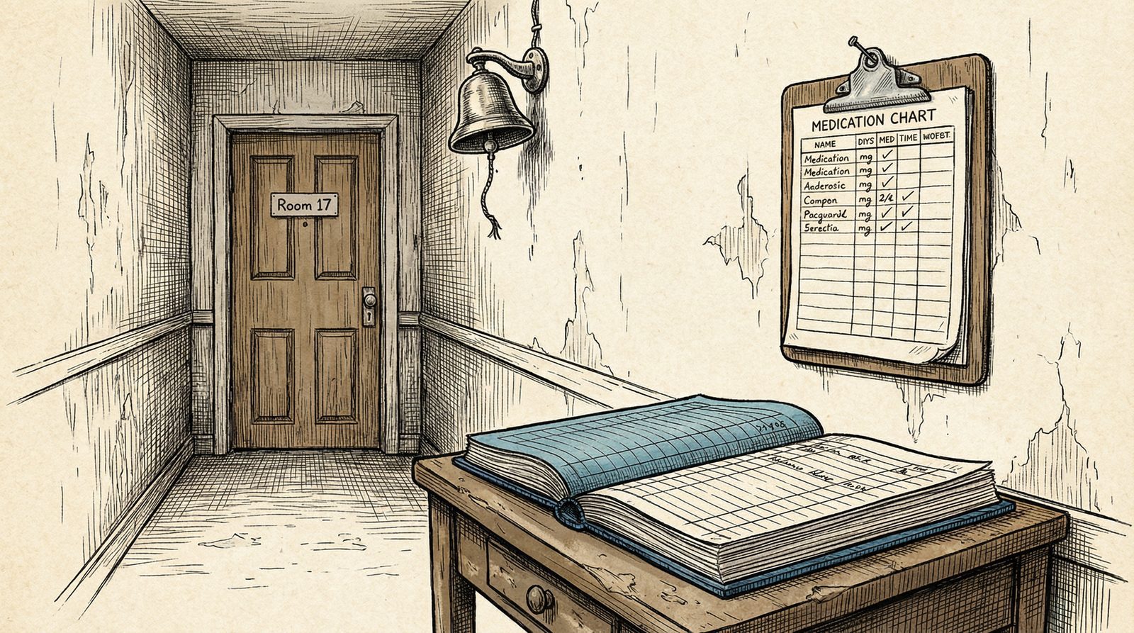 Conceptual editorial illustration inspired by 'caretakers (1983)'