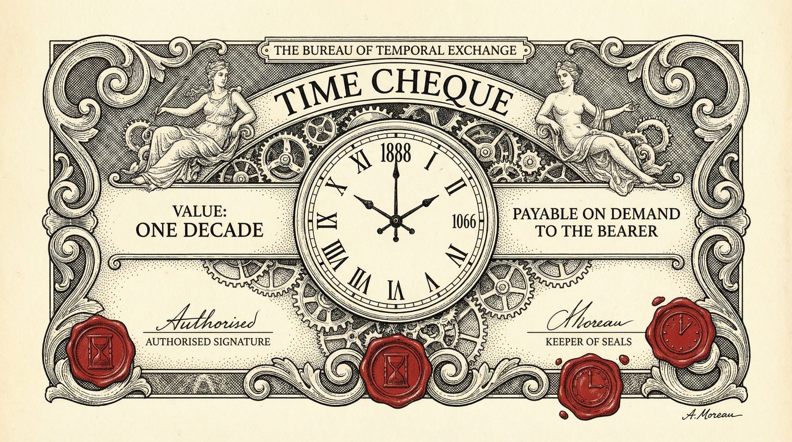 Conceptual editorial illustration inspired by 'Tourmalin’s Time Cheques'