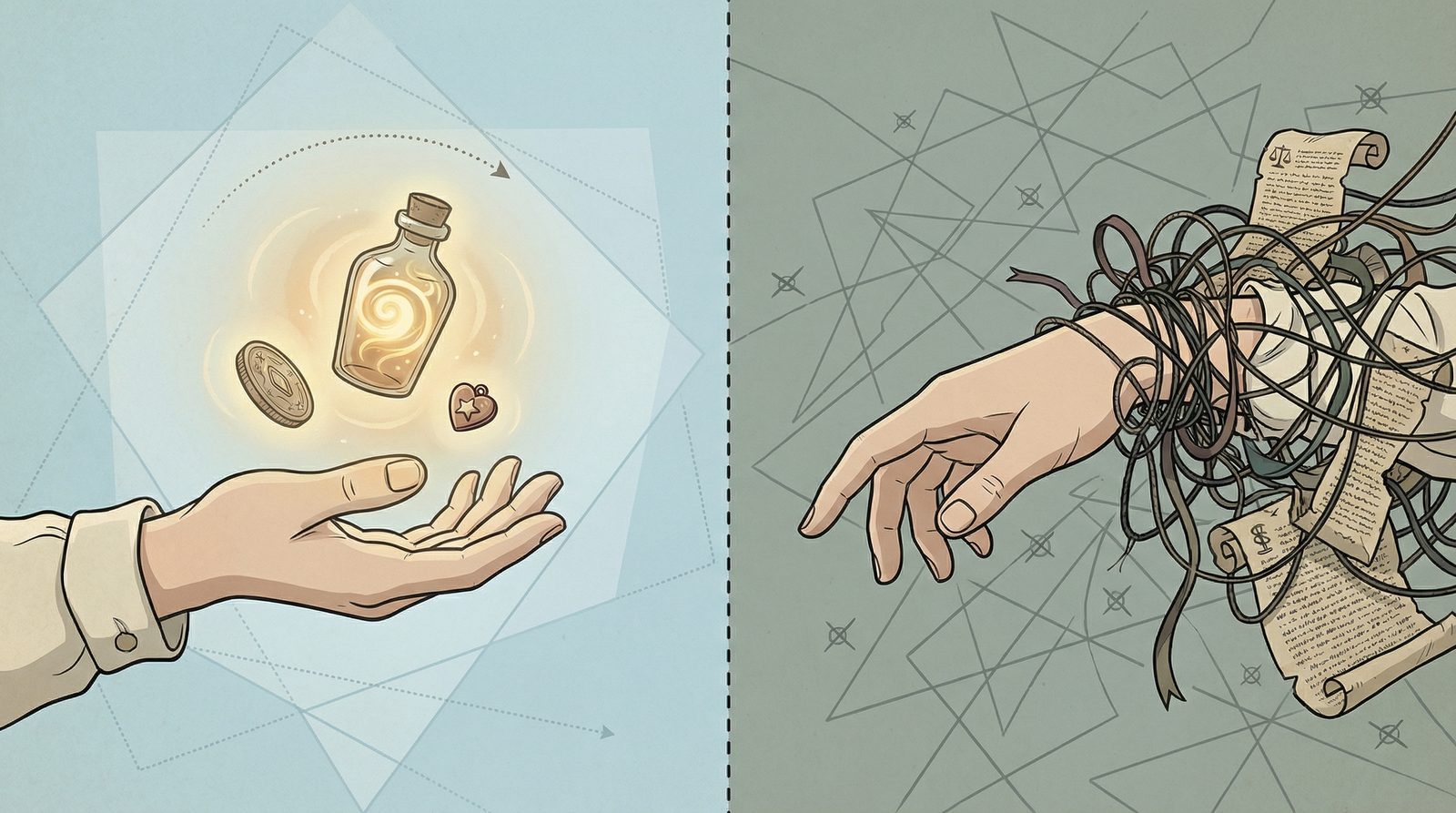 Editorial illustration inspired by 'Genie Or Spirit Causing Unintended Chaos'