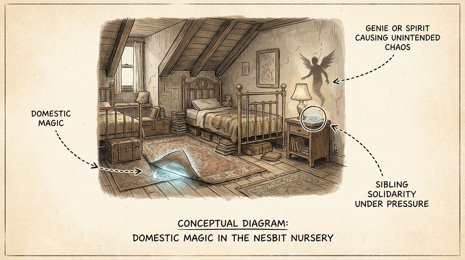 Editorial illustration inspired by E. Nesbit