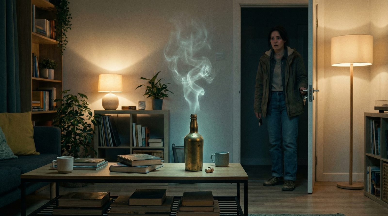 Conceptual illustration of the motif 'Genie Or Djinn Released From A Bottle'