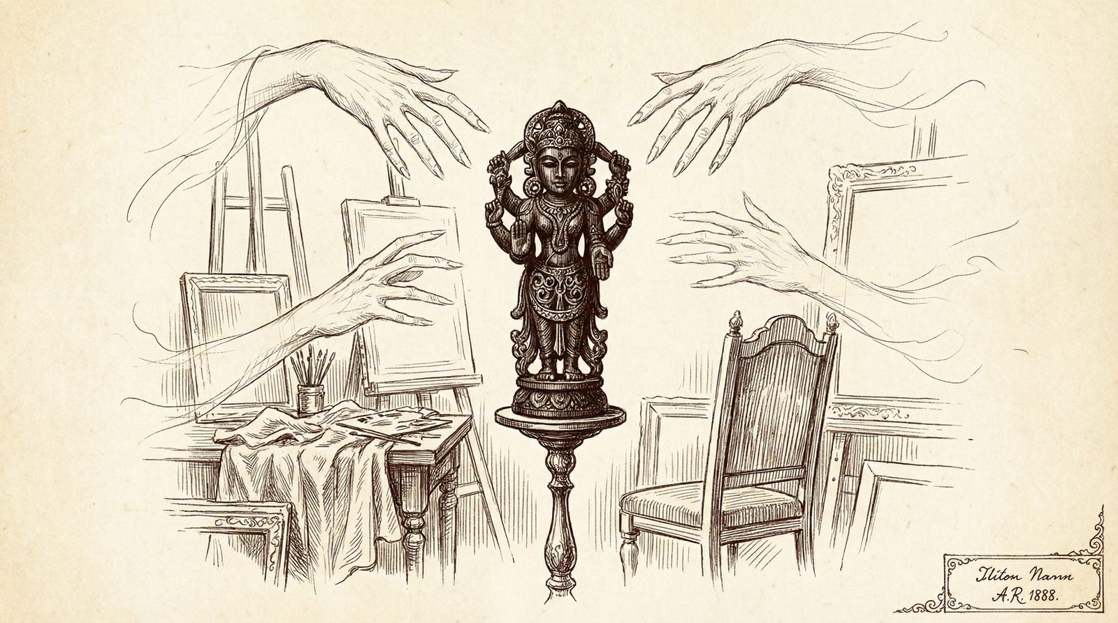 Conceptual editorial illustration inspired by 'A Fallen Idol'