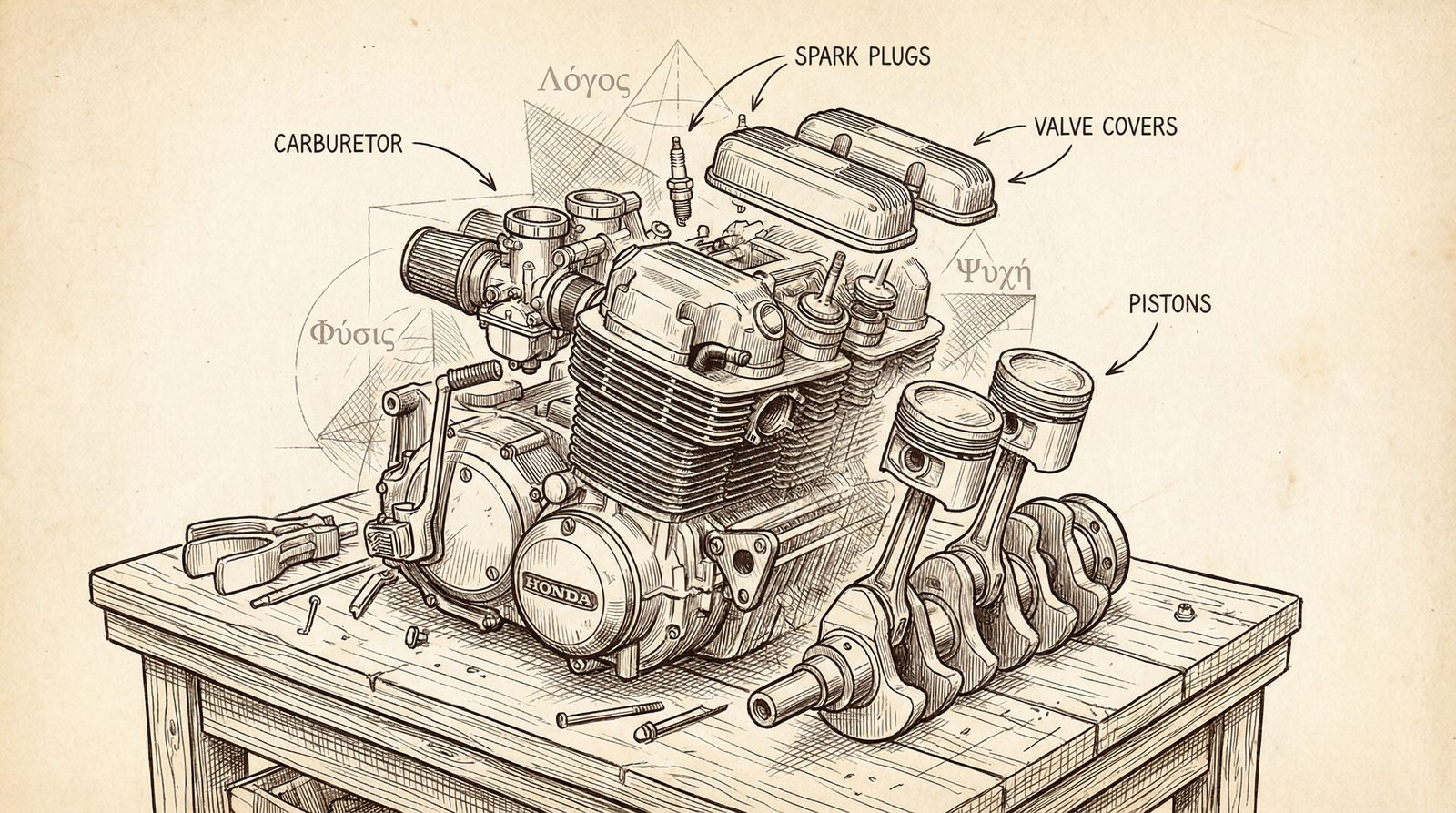 Zen And The Art Of Motorcycle Maintenance (1974) Conceptual editorial illustration inspired by 'Zen and the Art of Motorcycle Maintenance'