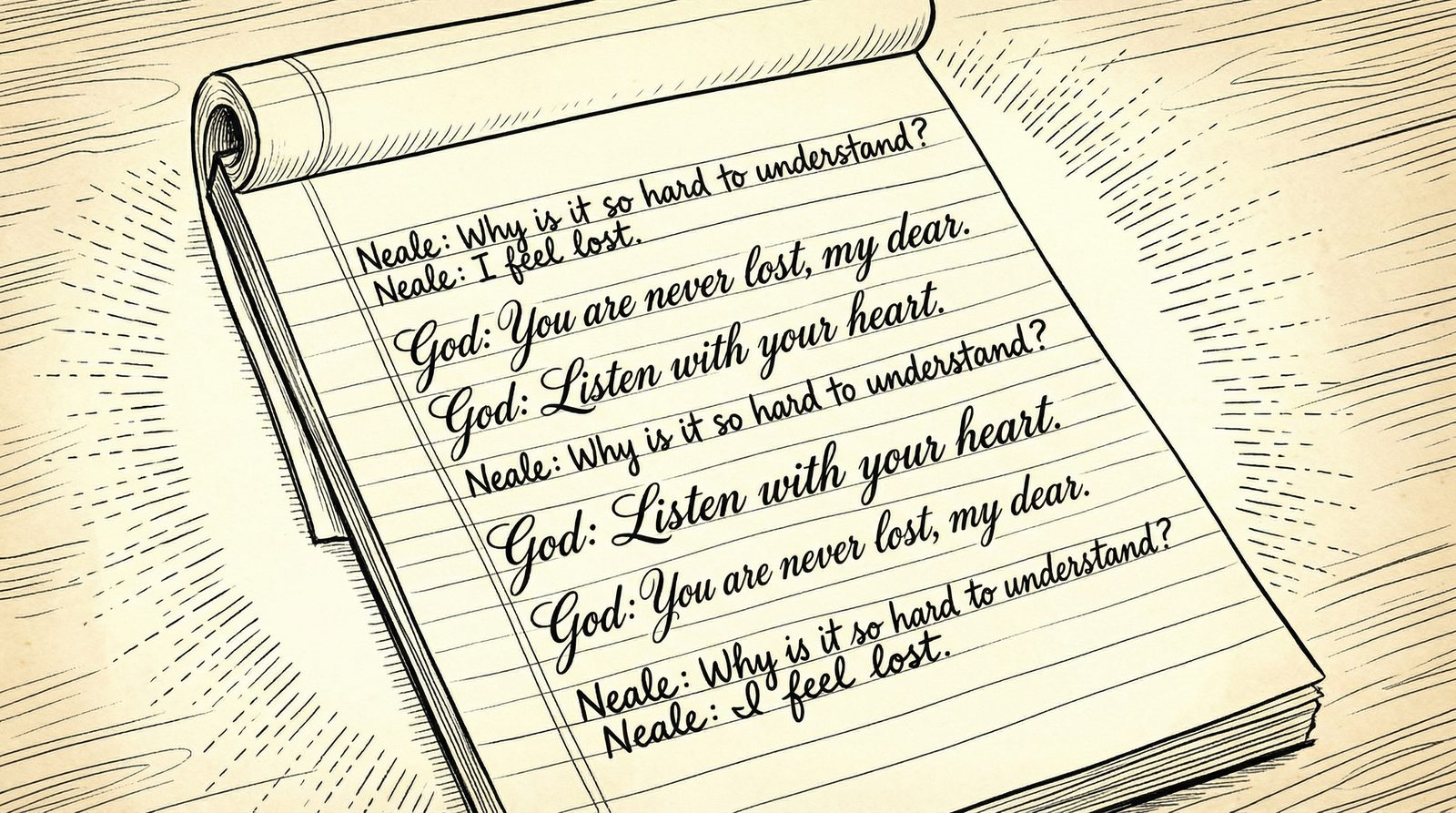 Conceptual editorial illustration inspired by 'Conversations With God An Uncommon Dialogue Book 1 (1996)'