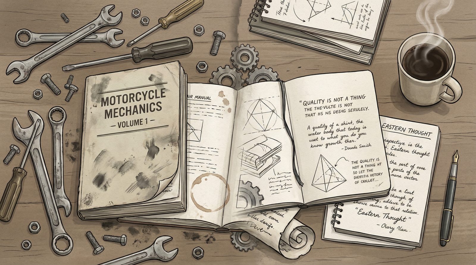 Editorial illustration inspired by 'Robert M Pirsig'