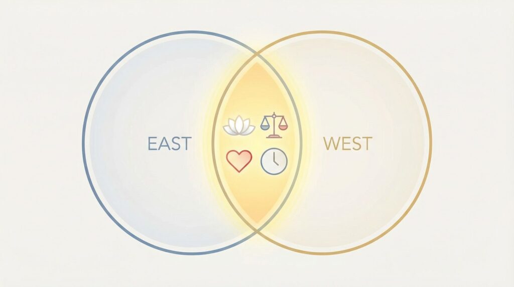 Symbolic illustration inspired by 'Eastwest Philosophical Synthesis'